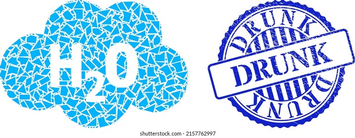 Debris mosaic water cloud icon, and blue round DRUNK rubber stamp seal with word inside round shape. Water cloud mosaic icon of debris particles which have various sizes, and positions,