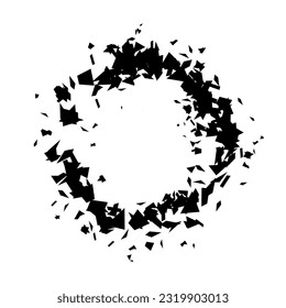 Debris and shatters in circle shape. Black broken pieces, specks, speckles and particles. Abstract explosion and burst textured element. Vector frame illustration 