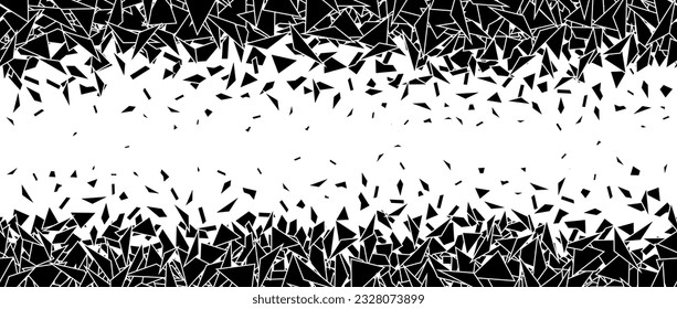 Debris and shatters in horizontal repeating border. Black broken triangle pieces, specks, speckles, particles, shivers. Abstract explosion and disintegrating textured background. Vector illustration 