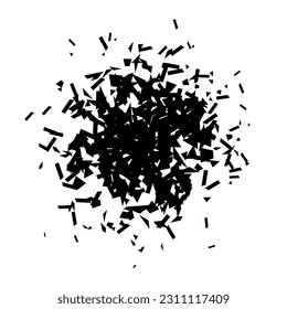 Debris and shatters in radial shape. Black broken pieces, specks, speckles and particles. Abstract explosion and burst textured element. Vector illustration 