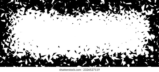 Debris and shatters in rectangle frame. Black broken pieces, specks, speckles, particles, shivers. Abstract explosion and burst textured rectangular element. Vector illustration 