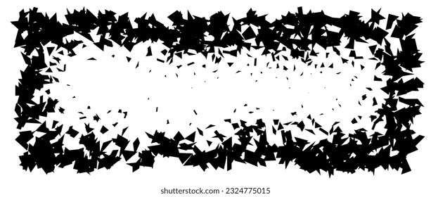 Debris and shatters in rectangle shape. Black broken pieces, specks, speckles, particles, shivers. Abstract explosion and burst textured rectangular element. Vector frame illustration 