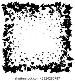 Debris and shatters in square shape. Black broken pieces, specks, speckles, particles, shivers. Abstract explosion and burst textured rectangular element. Vector frame illustration 