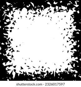 Debris and shatters in square shape frame. Black broken pieces, specks, speckles, particles, shivers. Abstract explosion and burst textured rectangular element. Vector illustration 