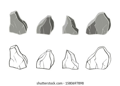 Debris stone set. Vector illustration. Different rock blocks. 3d realistic and outline shape.