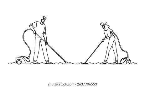 debris vacuuming living room vector. tidy hygiene, allergen sanitize, upholstery maintenance debris vacuuming living room character. people black line pencil drawing illustration