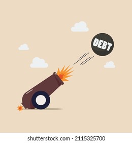 Balón de deuda disparada desde cañón explosivo. Ilustración vectorial de concepto de negocio.