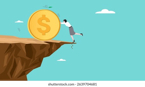 debt or bankruptcy, business failure, investment risk, inflated loan payments, mortgage problem, poor financial management, businesswoman trying hard to prevent big money coin from falling off the cl