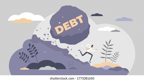 Los problemas de pago de las deudas son el concepto simbólico de caída de roca plana de las personas pequeñas. Empresario huyendo del préstamo financiero. Lucha económica con potencial riesgo de bancarrota en una escena metafórica.