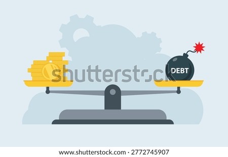 Debt bomb with coins and balance scale. Financial imbalance, spending control, and economic burden concept