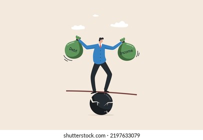 Debt burden. 
Balance between income and liabilities. Management of assets or income.  financial obligation or loan payment. Businessman carrying debt on the seesaw.