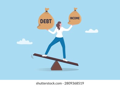 Debt burden compared with small income, financial obligation or responsibility to pay interest rate, liability or borrowing, cost, expense spending, woman balance between debt and income wage salary.
