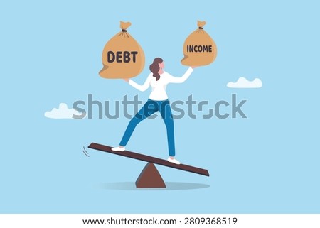 Debt burden compared with small income, financial obligation or responsibility to pay interest rate, liability or borrowing, cost, expense spending, woman balance between debt and income wage salary.