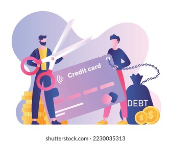 Debt burden concept. Man with scissors cuts chain of young guy with card. Financial illiteracy and debt, bankruptcy and mortgage. Poster or banner for website. Cartoon flat vector illustration