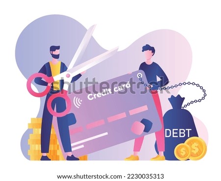 Debt burden concept. Man with scissors cuts chain of young guy with card. Financial illiteracy and debt, bankruptcy and mortgage. Poster or banner for website. Cartoon flat vector illustration