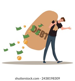 Debt burden, financial obligation or loan payment, heavy load of money failure, mortgage or borrowing money problem concept, tried businessman carrying big debt money bag losing money banknotes.