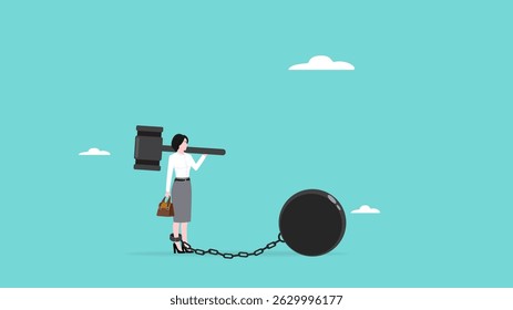 Debt burden, financial obligation or loan payment, solving mortgage or money loan problems, businesswoman trying to destroy the burden with a big hammer