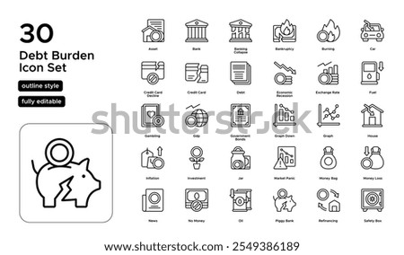 Debt Burden Line Icon Set: Loan Defaults, High Debt, and Financial Strain Icons