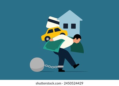 Debt Burden, Loan Payment Struggle, Businessman Carrying Heavy Money Bag, Mortgage and Financial Crisis Concept. Vector Illustration of Businessman Burdened by Debt.