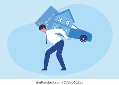 Carga de la deuda, lucha del pago del préstamo, deuda del coche, tarjeta de crédito, Ilustración vectorial de la casa 