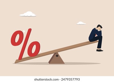 Debt burden risk from high interest rate, FED or federal reserved rate hike cause heavy loan, economic recession concept, confused businessman bearing the burden of large percentage interest rates.