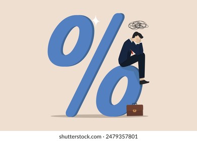 Debt burden risk from high interest rate, FED or federal reserved rate hike cause heavy loan, economic recession concept, confused businessman bearing the burden of large percentage interest rates.