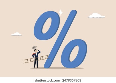 Debt burden risk from high interest rate, FED or federal reserved rate hike cause heavy loan, economic recession concept, confused businessman bearing the burden of large percentage interest rates.