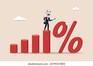 Debt burden risk from high interest rate, FED or federal reserved rate hike cause heavy loan, economic recession concept, confused businessman bearing the burden of large percentage interest rates.