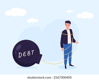 Debt burden. Sad business man with heavy money carry on chain, bad debtor finance loan weigh financial hardship bankruptcy concept overwhelmed businessman vector illustration original artwork