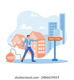 Debt burdens bind entrepreneurs. Trying to be debt-free. Debt-free concept. Flat vector illustration.
