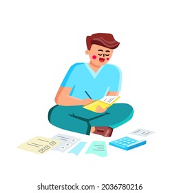 Debt Business Report Researching Young Man Vector. Boy Trying To Find Money To Pay Credit Card Debt. Character Businessman Financial Accounting Occupation Flat Cartoon Illustration