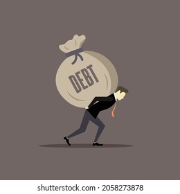 Debt. Businessman carrying debt bag on his back. Financial crisis concept vector illustration.