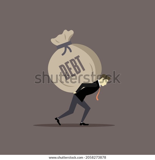 Debt. Businessman carrying debt bag\
on his back. Financial crisis concept vector\
illustration.