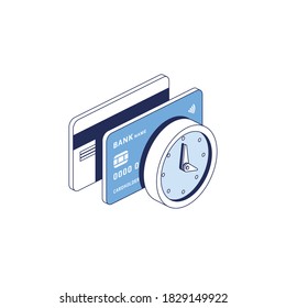 Debt Cards time clock. Vector 3d line isometric, color web icons set, new flat style. Creative illustration, idea for infographics.