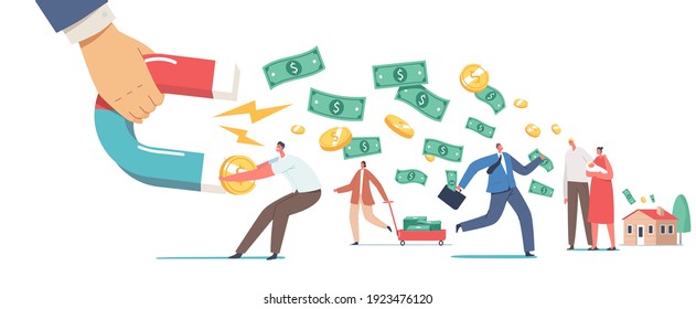 Debt Collection Concept. Huge Hand with Magnet Attracting Money from Male Female Characters Trying to Escape. Collectors Chase, Financial Loan Demand from Borrowers. Cartoon People Vector Illustration