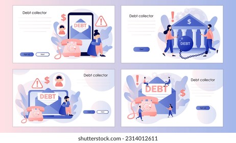 Debt collection. Financial problems, debts and loans. Letter from collector agency. Screen template for landing page, template, ui, web, mobile app, poster, banner, flyer. Vector illustration