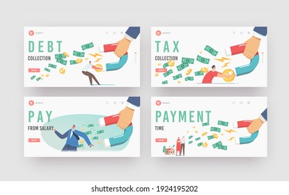 Debt Collection Landing Page Template Set. Huge Hand with Magnet Attracting Money from Escaping Characters. Collectors Chase, Financial Loan Demand from Borrowers. Cartoon People Vector Illustration