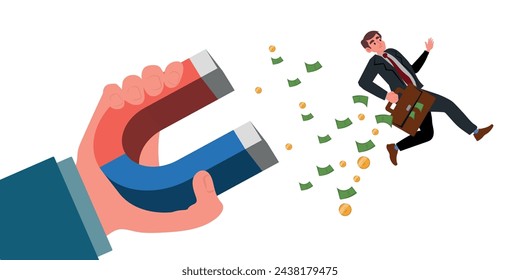 Debt Collection Landing Page Template. Businessman Character Escape from Huge Hand with Magnet Attracting Money from Pockets. Collector Chase, Borrower Loan Demand. Cartoon People Vector.