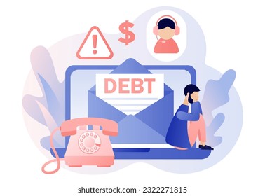 Debt collection. Letter from collector agency on laptop screen. Tiny people who doesn't pay bills. Financial problems, debts and loans. Modern flat cartoon style. Vector illustration 