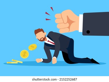 Debt collection. Racketeering, huge hand knocking money out of man, businessman owes money to bank or business partner, non-payment of taxes, loan arrears vector cartoon flat concept