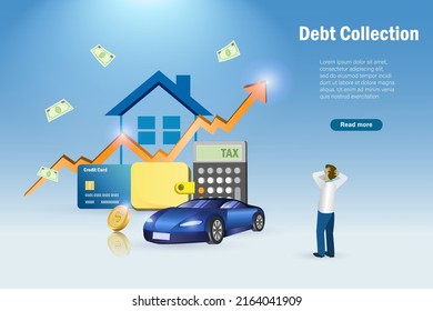 Debt collection, debt stress. Frustrated businessman manage financial bills expenses with fixed income. Money spending, cost of living, financial problem and crisis.