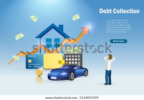 Debt collection, debt\
stress. Frustrated businessman manage financial bills expenses with\
fixed income. Money spending, cost of living, financial problem and\
crisis.