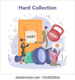 Debt collector concept, hard collection. Pursuing payment of debt owed by person or businesses company. Collecting agency looking for people who doesn't pay bills. Vector flat illustration