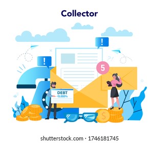 Debt collector concept. Pursuing payment of debt owed by person or businesses company. Collecting agency looking for people who doesn't pay bills. Vector illustration in cartoon style