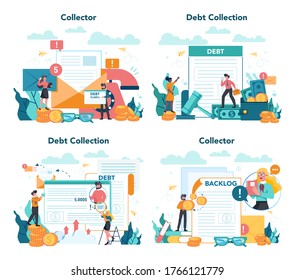 Debt collector concept. Pursuing payment of debt owed by person or businesses company. Collecting agency looking for people who doesn't pay bills. Vector illustration in cartoon style