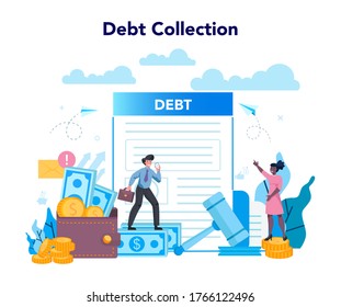 Debt collector concept. Pursuing payment of debt owed by person or businesses company. Collecting agency looking for people who doesn't pay bills. Vector illustration in cartoon style