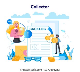 Debt collector concept. Pursuing payment of debt owed by person or businesses company. Collecting agency looking for people who doesn't pay bills. Vector illustration in cartoon style