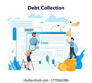 Debt collector concept. Pursuing payment of debt owed by person or businesses company. Collecting agency looking for people who doesn't pay bills. Vector illustration in cartoon style