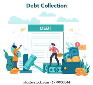 Debt collector concept. Pursuing payment of debt owed by person or businesses company. Collecting agency looking for people who doesn't pay bills. Vector illustration in cartoon style