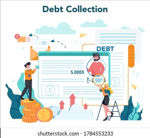 Debt collector concept. Pursuing payment of debt owed by person or businesses company. Collecting agency looking for people who doesn't pay bills. Vector illustration in cartoon style